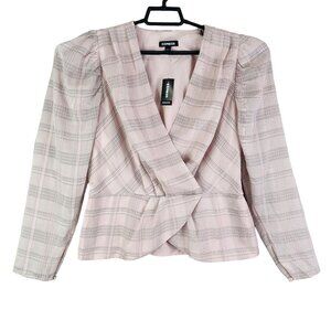 Women's Express Pink Plaid Blazer Jacket V-Neck Long Sleeve Size L
